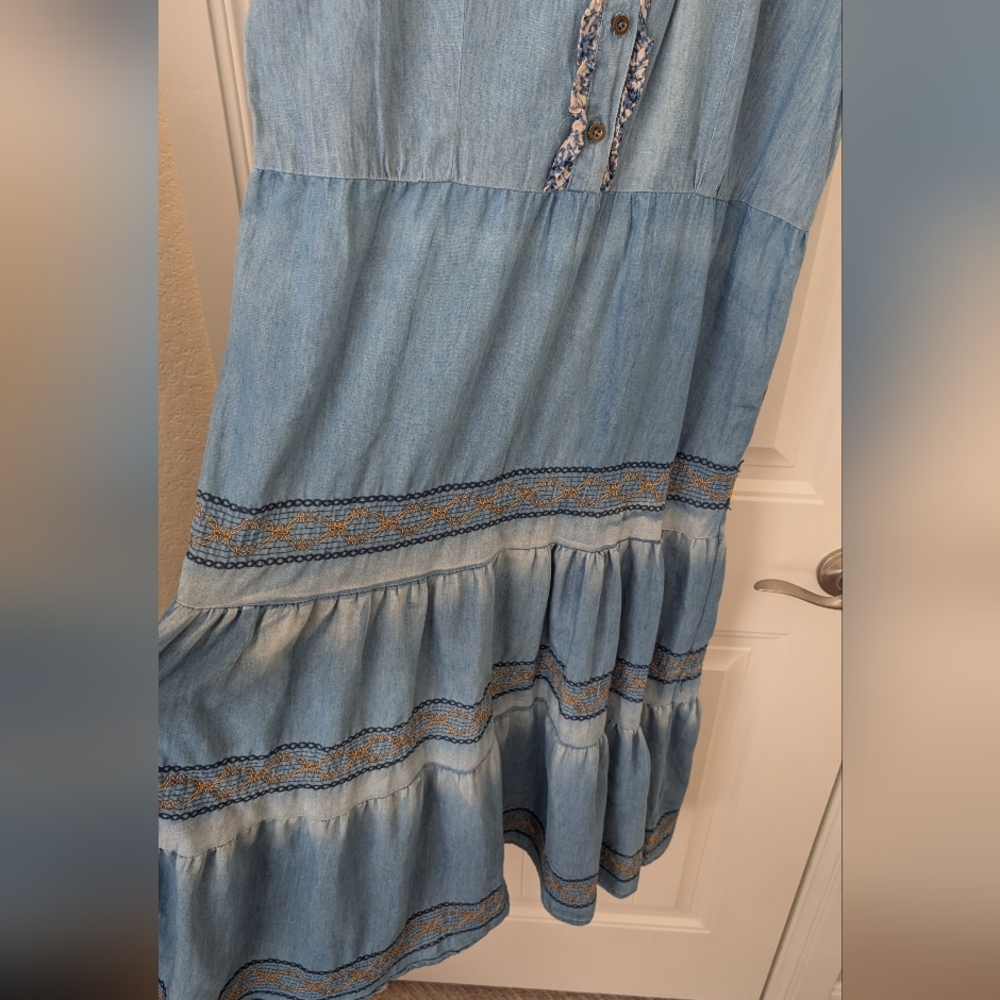 Lapis Blue Denim‎ Tiered Embroidered Maxi Dress M - Picture 9 of 15